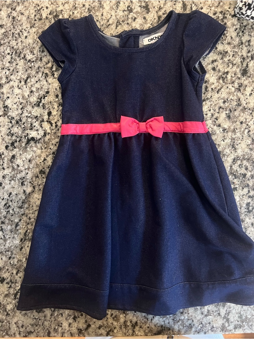 DKNY Girls' Stretch Denim Dress with Pink Leather Waist Bow